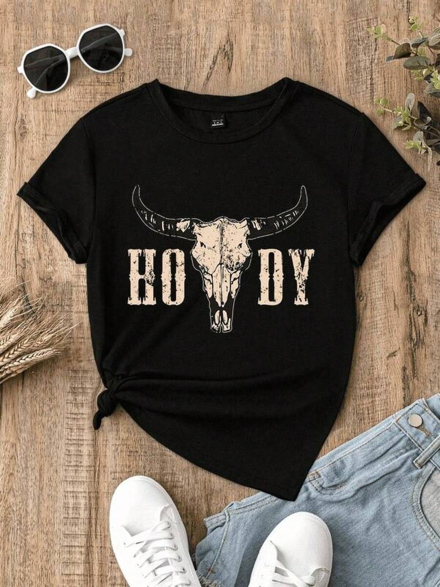 New 2026 Playera mujer estilo occidental HO DY estampado cabeza de toro vintage poliéster negro ajuste holgado cuello redondo manga corta primavera verano uso diario camiseta - Negro - Ver 1