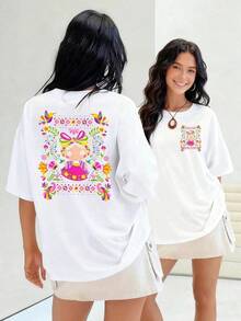 Women's T-Shirt Featuring A Doll With Flowers And Butterflies Surrounded By Vibrant Greenery, Representing Mexican Joy And Tradition. Made From 100% Soft And Cool Cotton. Suitable For Spring, Summer, And Autumn. - 白色 - 查看 1
