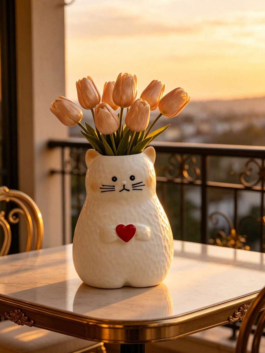 1个心形猫咪树脂花瓶 - 3D卡通宠物造型花瓶,适用于客厅、情人节、生日、乔迁礼物 | 家居装饰、房间装饰、波西米亚风装饰、桌面装饰、可爱收藏品、独特礼物、餐桌摆件、乔迁礼物 - 新款 - 查看 1