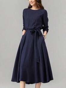 Vestido casual largo de unicolor para mujer con bolsillos y cintura con lazo, adecuado para boda, primavera, elegante, negro - azul real - Ver 3