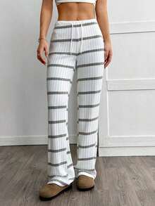Pantalones casuales de mujer con cintura con cordón acanalado, para primavera/otoño - Gris - Ver 5