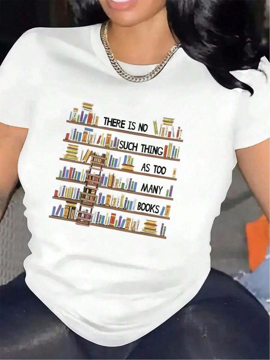 Women's Black And White Graphic T-Shirt With Bookshelf Design - "There's No Such Thing As Too Many Books" Slogan - Lightweight Polyester T-Shirt For Book Lovers, Librarians, Readers - Literary Gift For Home, Library, Or Casual Wear - Everyday Literary T-Shirt, Bookstore T-Shirt, Home Library Clothing, Bookstore Design, Comfortable Fit T-Shirt, Clothing For Reading Enthusiasts, Crew Neck T-Shirt, Durable Material, Literary Clothing, Women's Blouses > Shirt - 白色 - 查看 1