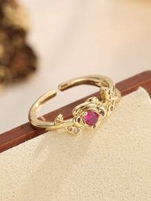 Nhẫn hở mạ vàng 18K hình trái tim đỏ và hoa hồng đính đá Cubic Zirconia, nhẫn đeo ngón tay có thể điều chỉnh kích thước, trang sức ngọt ngào lãng mạn dành cho phụ nữ. - Nhiều màu - Xem 26