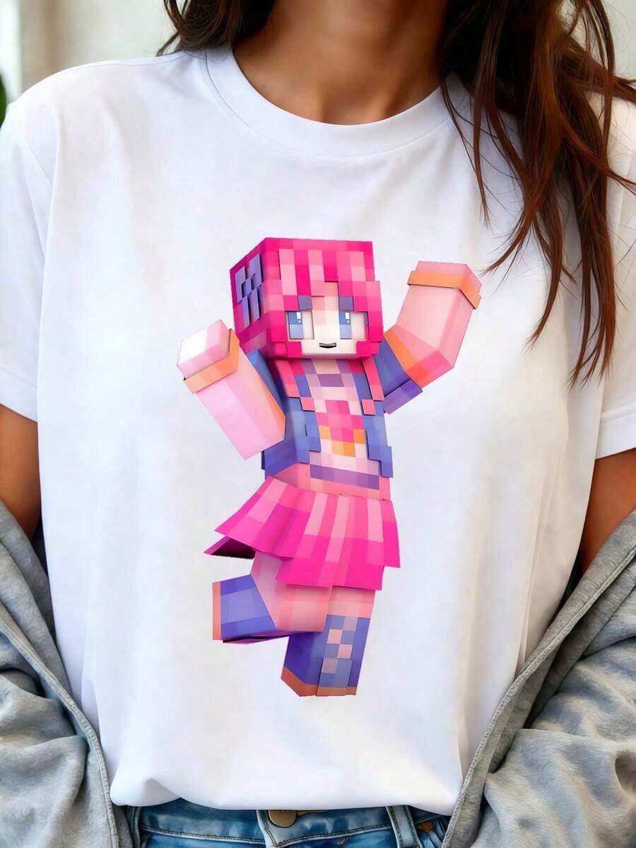 Vintage T-Shirt With A Pixelated Anime Female Character Print, Short Sleeves, And A Round Neck. The Pixelated Anime Female Character Print Design Showcases Individuality And Vibrancy. Suitable For Everyday Casual Wear, Gatherings With Friends, Birthday Parties, Anime Conventions, Or As A Gift For Anime Enthusiasts. Highlights A Unique Fashion Attitude And Love For Anime. Suitable For Various Occasions, Showcasing Individuality And Style. Women's T-Shirts > Basic - 白色 - 查看 1
