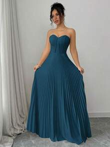 Vestido elegante y romántico para mujer con cintura fruncida y silueta de línea A - Agua verde azul - Ver 3