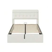 Elegant Upholstered Bed, 140x190 Cm, Hydraulic System, Hidden Storage Space In The Side, Storage Compartment For The Bed Frame, Faux Leather, Slatted Base And Headboard, Mattress Not Included, White Color. - 白色 - 查看 8
