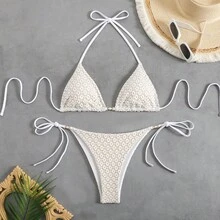 Traje de baño de dos piezas, bikini sexy, bikini con cuello halter y lazo, ropa de baño para mujer. - Blanco - Ver 11