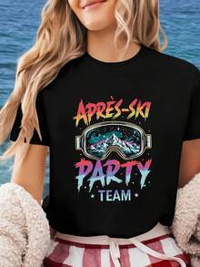 1 pieza de camiseta de manga corta para mujer APRÈS-SKI PARTY TEAM, cuello redondo, primavera/verano, con estampado de montaña nevada y texto, 180g 100% algodón. - Negro - Ver 2