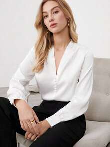 Blusa de manga de globo con cuello en V, nueva para primavera/verano, de tela de satén, elegante y versátil para el día a día en la ciudad, con estilo retro de los 90, adecuada para Navidad, Año Nuevo, San Valentín, fiestas, playa, graduación, mod - Blanco - Ver 1