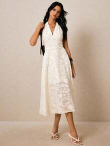 Vestido con espalda descubierta de cuello halter, cintura fruncida y estampado floral diminuto amarillo, adecuado para vacaciones - Albaricoque - Ver 6