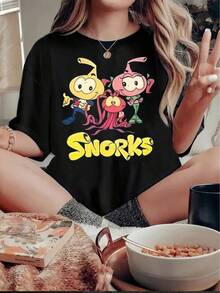 2026 Women's Casual Short Sleeve T-Shirt - Funny Snorks Cartoon Print Pattern, Black With Yellow Letters, Crew Neck, Medium Stretch Fabric, Machine Washable, Comfortable All-Season Clothing, Casual Wear, Comfortable Fit Top, Domestic Shipping For Women, Women's Long Sleeve Blouses 1pc 180g Unisex Loose Crewneck T-Shirt - 黑色 - 查看 7