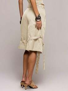Pantalones cortos de carga con detalles de puntada y pierna ancha, perfectos para primavera y verano, para citas, salidas nocturnas, festivales, vacaciones y talla grande - Crema - Ver 4