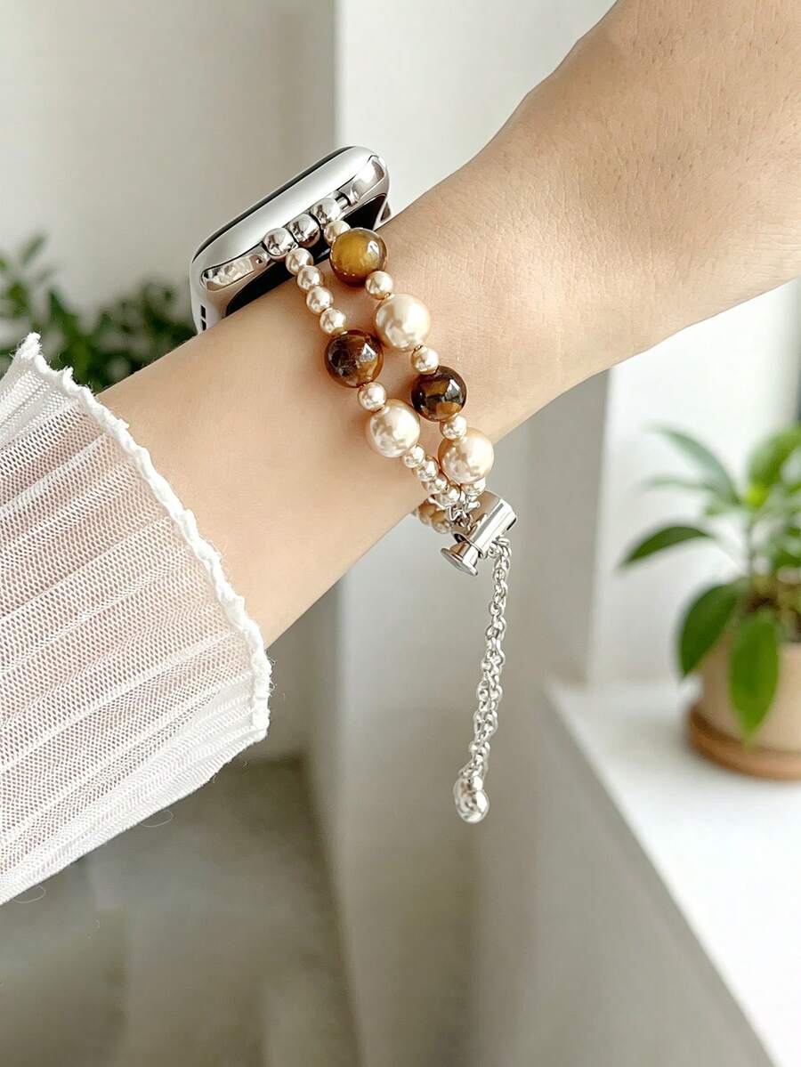 1 chiếc dây đeo điều chỉnh được bằng đá tự nhiên và ngọc trai, tương thích với Apple Watch 38mm 40mm 41mm 42mm 44mm 45mm 49mm, thiết kế tối giản thời trang, phù hợp với Series 11 Ultra 3 SE3 Ultra 2 S10 SE2 9 8 7 SE 6 5 4 3 2 1, phù hợp với nhiều trang phục, đeo hàng ngày và trong các dịp lễ. - Vàng - Xem 1
