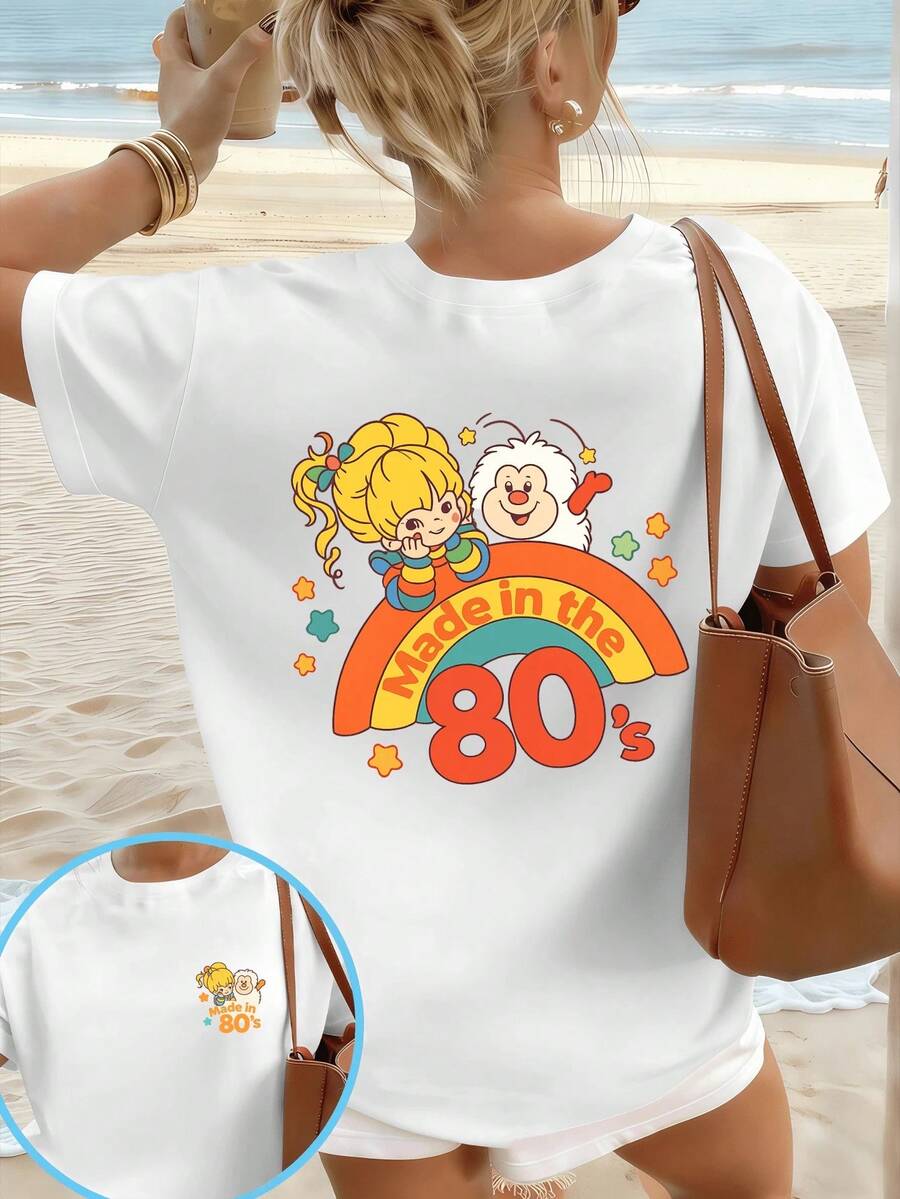 Impresión a doble cara, diseño simple y versátil, camiseta con estampado de arcoíris estilo dibujos animados de los 80, transpirable, fácil de cuidar, corte clásico, estilo retro para primavera y otoño. Camiseta de algodón puro - Blanco - Ver 1