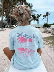 SALTY SOUL Women's Summer T-Shirt 2026, New Spring/Summer Collection, Coconut And Sun Print, Round Neck, Short Sleeve, Casual, Versatile, Essential Garment For Everyday Wear And Vacations. Women's Vacation Print T-Shirt, Loose And Comfortable, Summer Tops - 淺藍色 - 查看 2