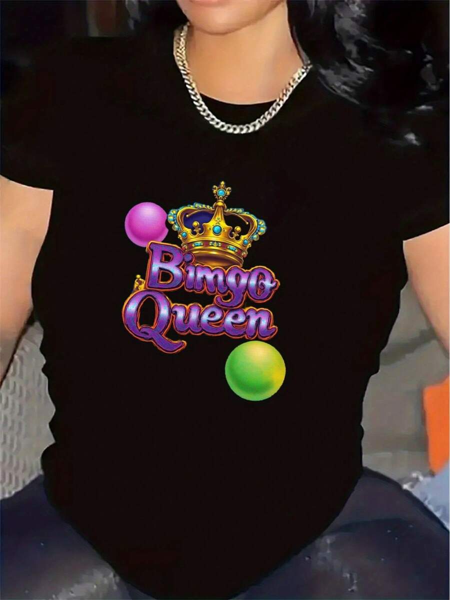 Camiseta de mujer para la noche de bingo en casa, de manga corta, hecha de tela duradera y cómoda con un diseño de corona, diseñada para actividades y fiestas en interiores, una blusa de mujer elegante y ligera. - Negro - Ver 1