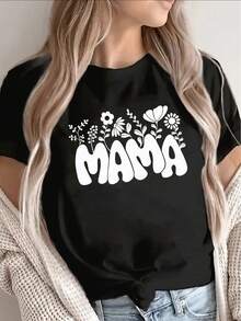 Camiseta de manga corta, ligera y duradera, con un diseño floral de 'Mama', perfecta para uso casual en casa, en la cocina o para actividades al aire libre. - Negro - Ver 1