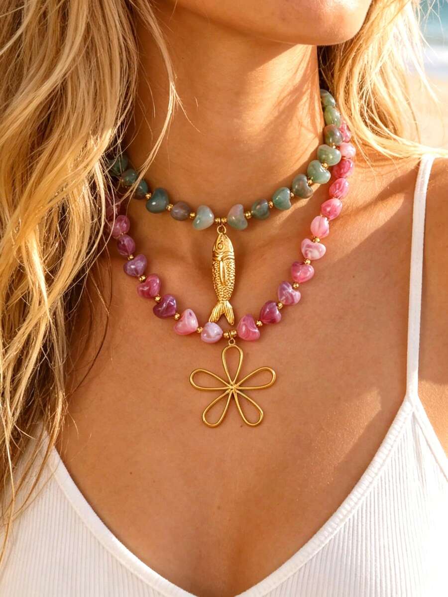 1pc Bohemian, Nautical, Girly Y2K Style Fashion: Elegant, Exquisite, Charming Light Luxury Sweet Stainless Steel Ocean Fish/Flower/Cross Heart Glass Bead Pendant Necklace, Suitable For Women, Sisters, Couples, Prom Or Graduation Gifts; Perfect For Valentine's Day, Daily Dates, Banquets, Parties, Holidays, Summer, Beach, Gifting, Vacation Wear Colorful Jewelry (Bead Color Random) - Multicolor - View 1