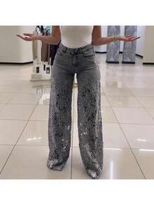 Pantalón de mezclilla nuevo de primavera-verano para mujer, tiro alto, corte ancho, de moda, elegante, versátil, con encaje calado, caída fluida, diseño favorecedor, perfecto para looks de día, oficina y ocasiones informales - Gris - Ver 8