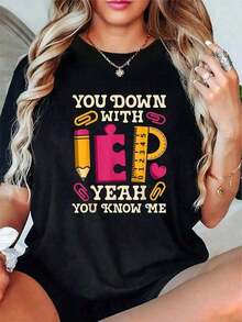 2026You Down With IEP SPED Teacher - Camiseta Divertida Retro de Educación Especial - Camisetas Gráficas 100% Algodón para Mujer, Tops de Verano - Camiseta de Manga Corta Casual de Cuello Redondo, Talla Grande, Tejido Suave y Transpirable - Camiseta Estampada Fresca para Mujer - Negro - Ver 6