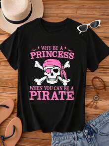 ropa de mujer Camiseta de cuello redondo para mujer Por qué ser princesa cuando puedes ser pirata Estampado de calaveras y huesos cruzados con bandana rosa Manga corta Ropa casual para salidas diarias y eventos divertidos camisas de mujer - Negro - Ver 2