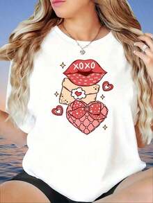 Women's T-Shirt With Xoxo Lips And Heart Graphic Print, Casual Summer T-Shirt, Urban Vintage Style, Unisex, Cotton, Short Sleeve, Round Neck - 白色 - 查看 6