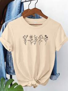 Talla Grande - Camiseta con Estampado Floral, Top Casual de Manga Corta y Cuello Redondo para Primavera/Verano, Ropa de Talla Grande para Mujer - Albaricoque - Ver 8