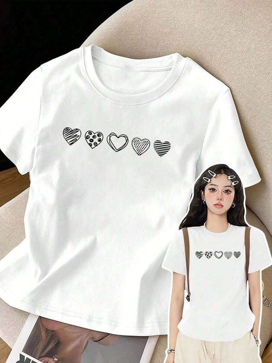 Camiseta de manga corta de talla grande para mujer - Corte holgado, estilo casual básico, elegante top de poliéster, camiseta de manga corta con estampado frontal - Diseño de corazón, estampado de corazón - Camiseta estampada de primavera/verano para mujer, artículo de moda, versátil y casual, transpirable y cómoda. - Blanco - Ver 1