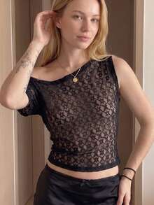 Women Sheer Off Shoulder Tops Slim Fit Flower Pattern Sleeveless Crop Shirts For Summer Going Out Party Club - Black - View 7