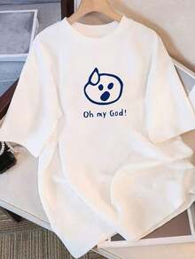 Women's Simple Loose Fit T-Shirt, Modern Style, Pure Cotton Short Sleeve T-Shirt For Women - Cute Dog And "Oh My God!" Graphic Print, Loose Fit, Crew Neck, Casual T-Shirt, Breathable, Machine Washable, All Seasons, Women's T-Shirts, Relaxed Outfit, Fun Design, Easy Care, Printed T-Shirt, Buyers. Women's Graphic Print T-Shirt Summer 2026 - 白色 - 查看 6