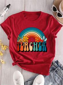 Plus Size T-Shirt, Short Sleeve, With RAINBOW TEACHER Print, Round Neck. - 紅色 - 查看 1