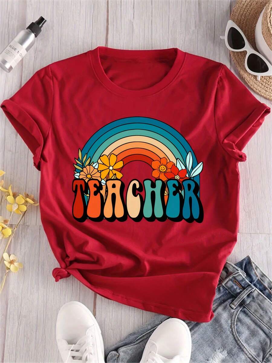 Plus Size T-Shirt, Short Sleeve, With RAINBOW TEACHER Print, Round Neck. - 紅色 - 查看 1