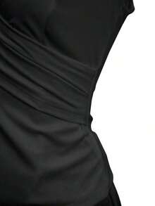 Camiseta de mujer de unicolor, elegante, con escote en V y mangas cortas cruzadas - Negro - Ver 3