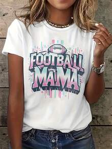 Camiseta de fútbol para mamá - Top casual de manga corta y cuello redondo con letras "Football Mom", elasticidad media, adecuada para verano y primavera, blusa lavable a máquina, moda para mamás futboleras - [Blanco] - Ver 6