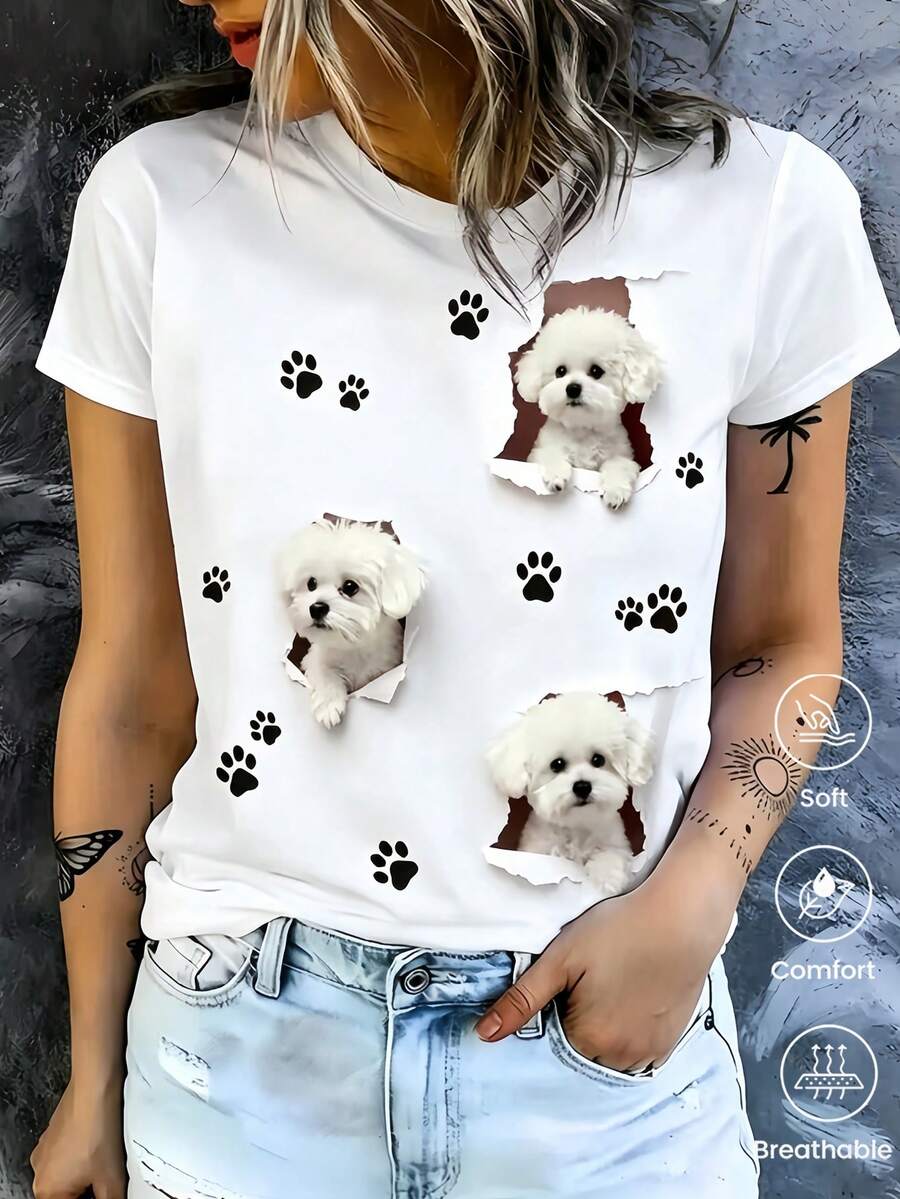 180 g Hecho en México, Moda Primavera/Verano 2026 Camiseta de manga corta, Estampado de dibujos animados, Estilo para parejas, Ropa interior/exterior, Cuello redondo informal para la oficina, Top unisex de una pieza - Blanco - Ver 1