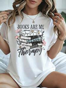 Elegante y casual para mujer, manga corta, camiseta para amantes de los libros con estampado "Los libros son mi terapia", ropa casual blanca para leer y relajarse en primavera y verano. - Blanco - Ver 8