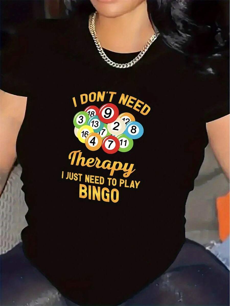 Bingo Night Polyester Short-Sleeved T-Shirt For Home Use, Durable And Comfortable, Ideal For Wearing In The Living Room, With A Fun Slogan Design, A Perfect Gift For Game Enthusiasts, Made Of Lightweight And Breathable Fabric. - 黑色 - 查看 1