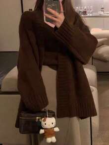 Women's Knitted Jacket, Women's Tweed Jacket, Autumn And Winter Loose Lazy Windproof Slim Cardigan Jumper, Versatile Knit Sweater Tops - 咖啡棕 - View 3