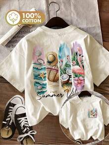 Edición Limitada, Camiseta de Mujer de Primavera/Verano con Estampado de Doble Cara, Estilo Acuarela, Estampado de Conchas Marinas y Flamencos, Estilo Veraniego, Pura, Moda Casual, Corte Regular, Manga Corta, Cuello Redondo, Algodón Ligero - Albaricoque - Ver 12