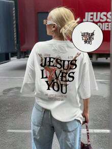 Camiseta de Verano para Mujer 100% Algodón, con Estampado de Letras "Jesus Loves You", Cuello Redondo, Manga Corta, Estilo Casual, Adecuada para Uso Diario, Blanca de Verano - Unisex para Mujer y Hombre, Ropa Casual para el Campus. - Albaricoque - Ver 7