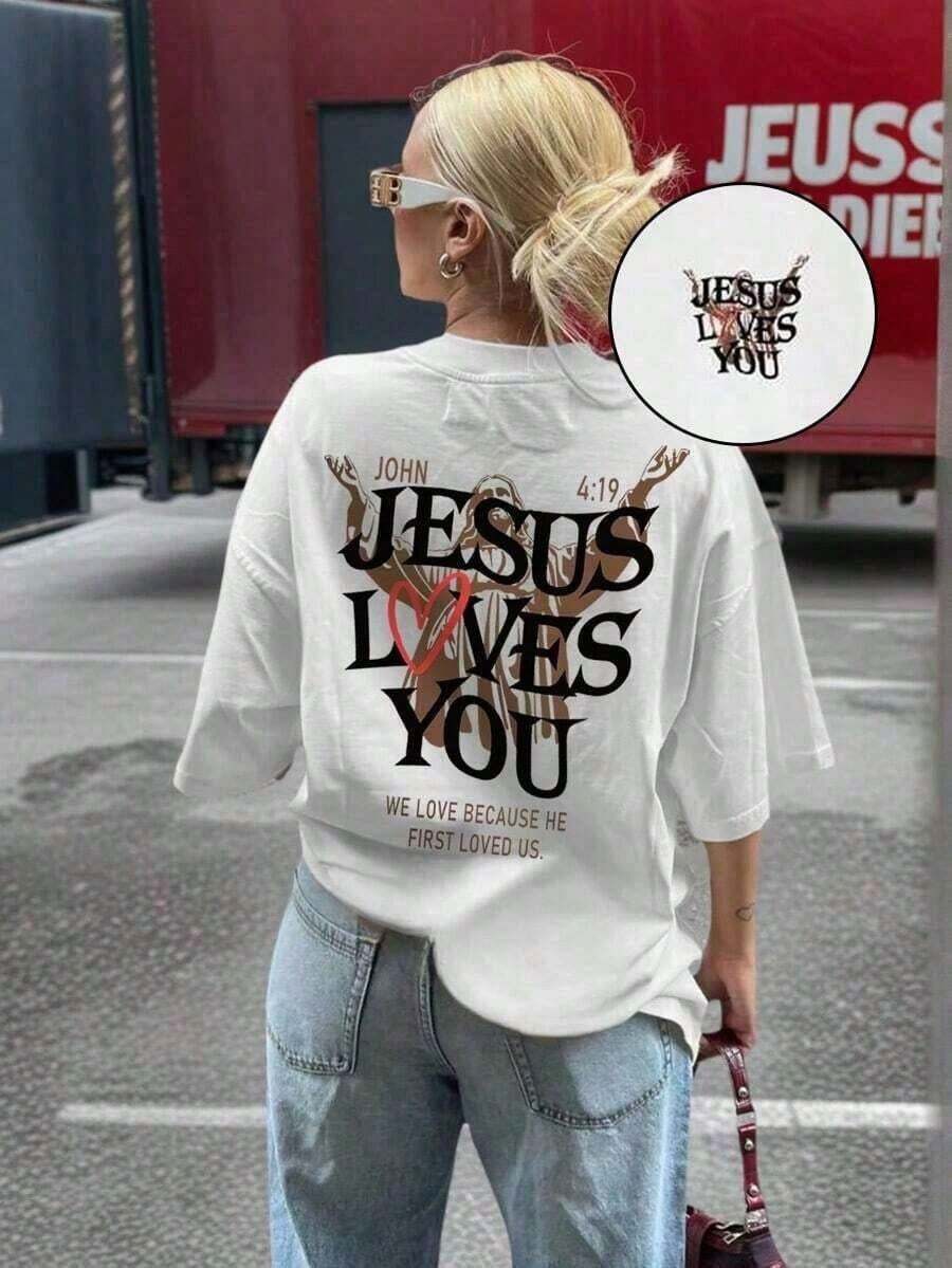 Women's Summer T-Shirt 100% Cotton, With "Jesus Loves You" Letter Print, Round Neck, Short Sleeve, Casual Style, Suitable For Daily Wear, Summer White - Unisex For Women And Men, Casual Campus Clothing. - 白色 - 查看 1