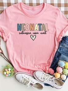 Camiseta de corte regular con diseño de ICU para recién nacidos, top casual de manga corta y cuello redondo, ropa de mujer para primavera y otoño, atuendo casual diario, verano. - Albaricoque - Ver 8