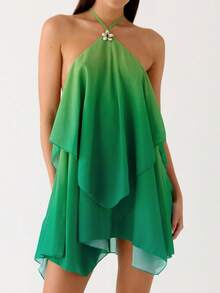 Women Ruffle Halter Neck Mini Dress Mock Neck Sleeveless Open Back Tiered Dress Y2K Mesh Layered Summer Going Out A Line Dresses - Green - View 2