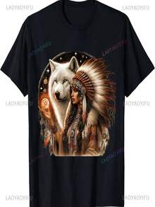 Camiseta de estilo retro nativo americano con estampado de lobo blanco, una excelente opción para regalar. Camiseta unisex de algodón puro estampada, elegante y cómoda, de manga corta. - Negro - Ver 1