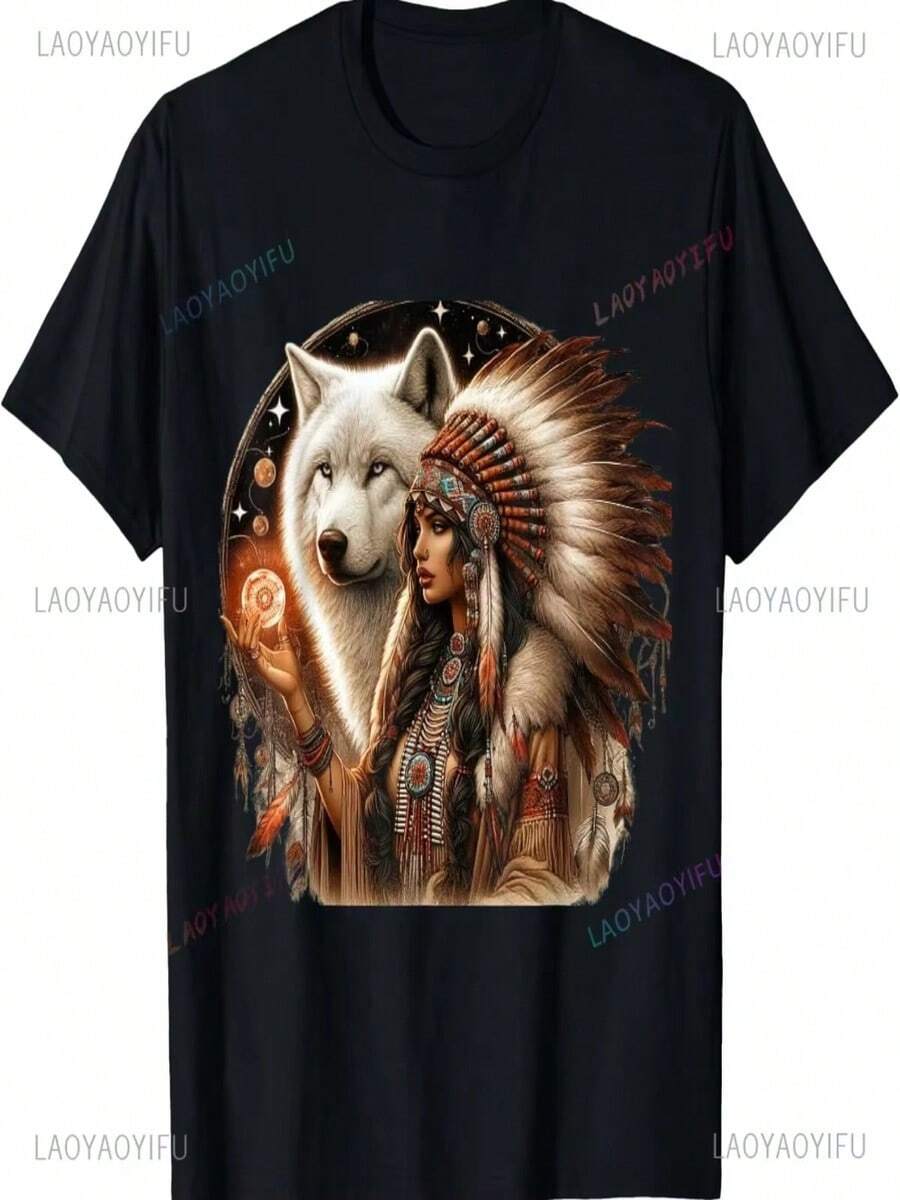 Camiseta de estilo retro nativo americano con estampado de lobo blanco, una excelente opción para regalar. Camiseta unisex de algodón puro estampada, elegante y cómoda, de manga corta. - Negro - Ver 1