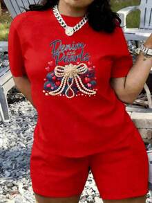 Camiseta de Mujer con Estampado de Dibujos Animados y Tropical, Detalles de Perlas, Lazo de Corazón y Perlas, Talla Grande, Manga Corta y Cuello Redondo, Estilo Casual Estampado, para Uso Diario y Conjuntos, Ropa Deportiva, Cómoda, Suave, Versátil, Transpirable, Lavable a Máquina - Rojo - Ver 1
