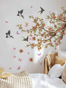 Fresh Watercolor Flower Branch Wall Stickers, Cherry Blossoms, Cute Rabbits, Swallows, Butterflies Optional, PVC Waterproof Self-Adhesive Paper, DIY Wall Decoration For Bedroom, Living Room, Spring Flowers - Wall Stickers - View 3