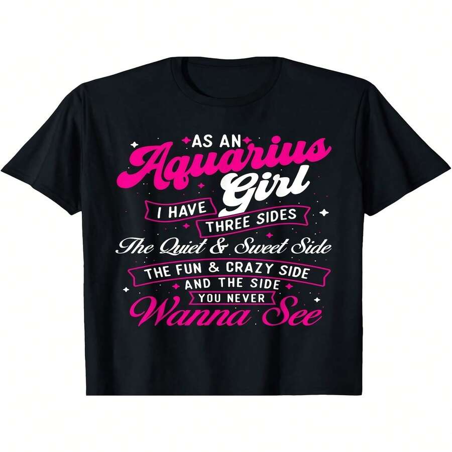 Camiseta exclusiva para el Día de la Independencia/Día del Padre con el signo zodiacal Acuario, cuello redondo suave, manga corta, dise?o único de tres vías, perfecta para uso casual y vacaciones, lavable a máquina, camiseta suave y transpirable - negra, cuello redondo, ropa casual, ropa divertida, camiseta, material cómodo - Negro - Ver 1