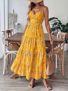 MSBreezaya Nuevo vestido vintage con estampado floral para cumpleaños y boda, de múltiples capas, patchwork, con lazo lindo para mujer.Vestido floral - Amarillo 2 - Ver 6