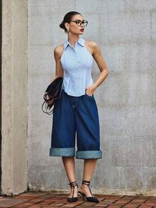 Top sin mangas a rayas, inspirado en el estilo bohemio, para uso de oficina, casual y de viaje, ideal para ir a la oficina, festivales y conciertos - Azul - Ver 4